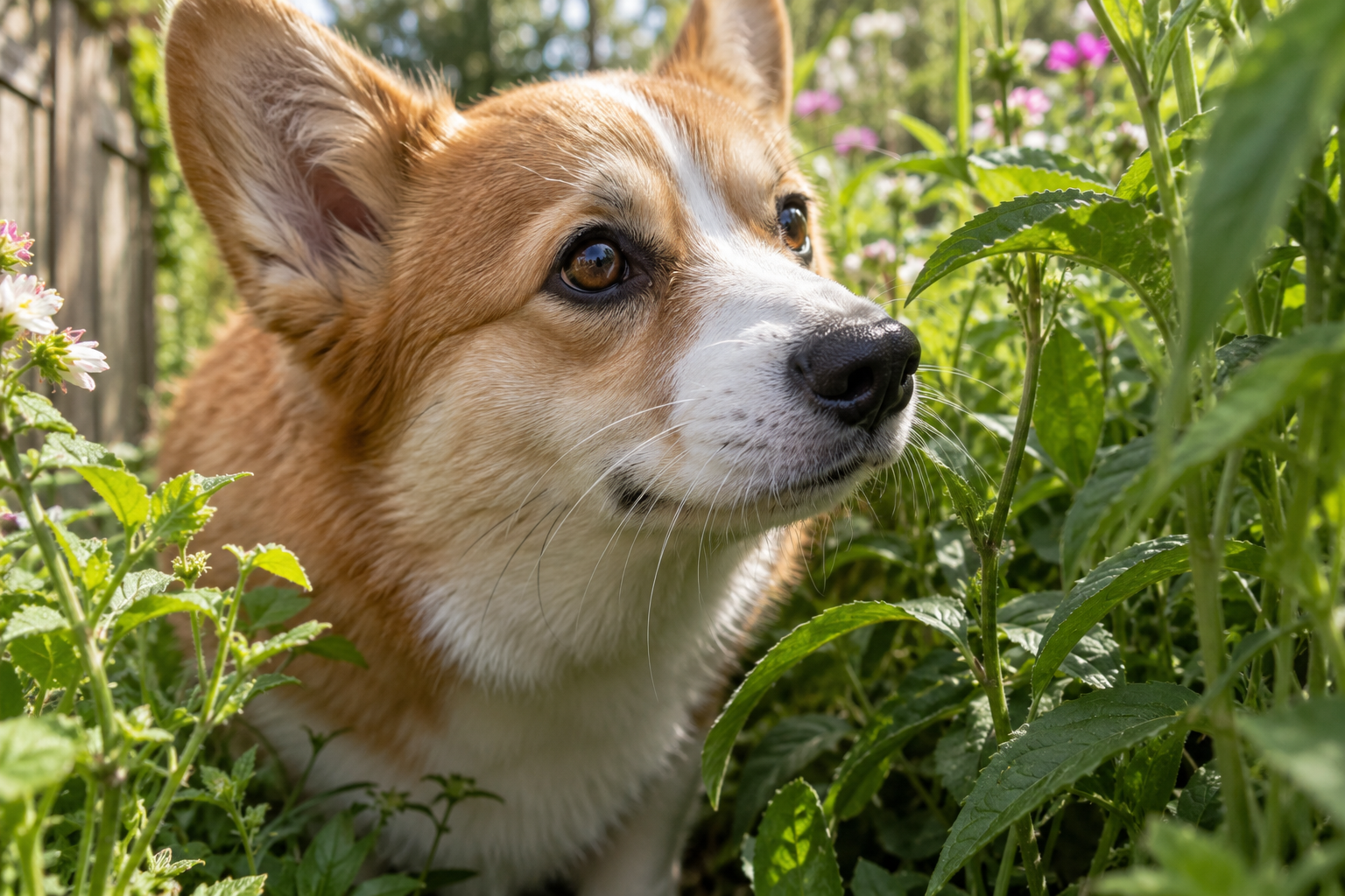 Corgi skúma lúčne rastliny pomocou citlivých hmatových fúzov